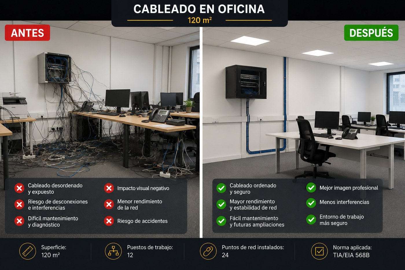 Cableado estructurado en oficina de 120 m² — antes y después