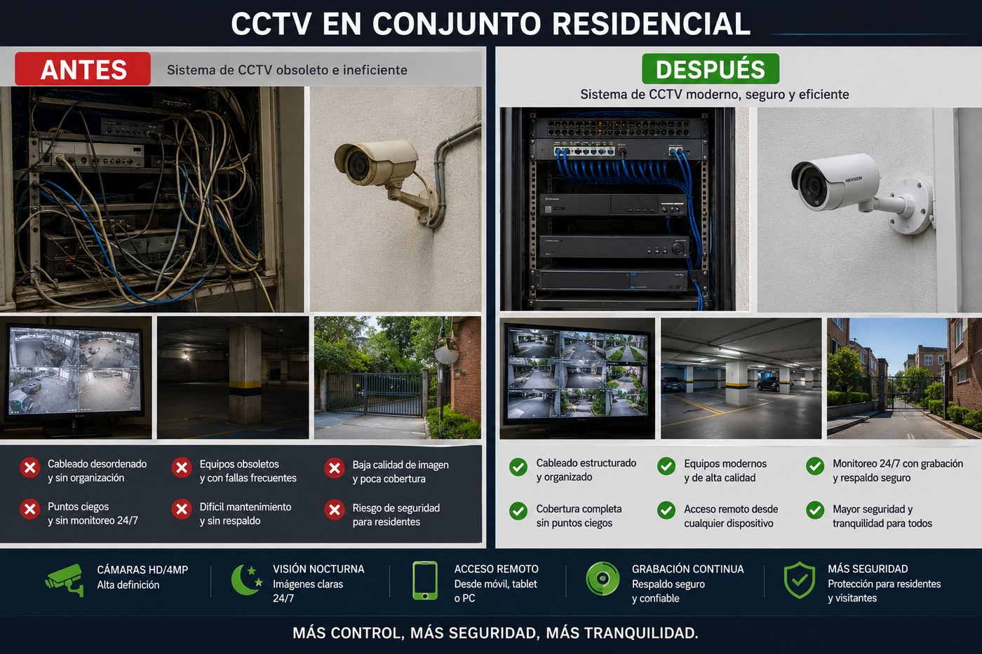Instalación de CCTV en conjunto residencial — antes y después