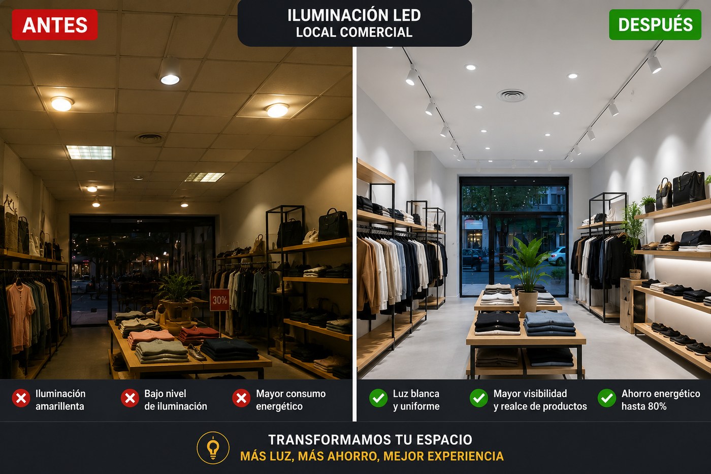 Iluminación LED en local comercial — antes y después