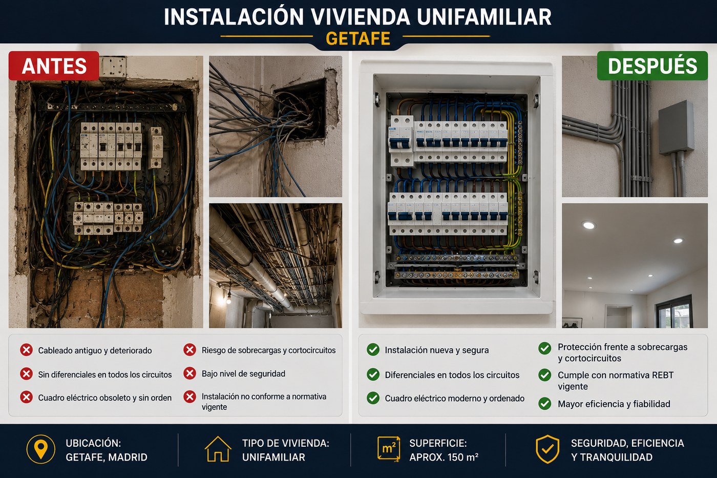 Instalación eléctrica en vivienda unifamiliar, Getafe — antes y después