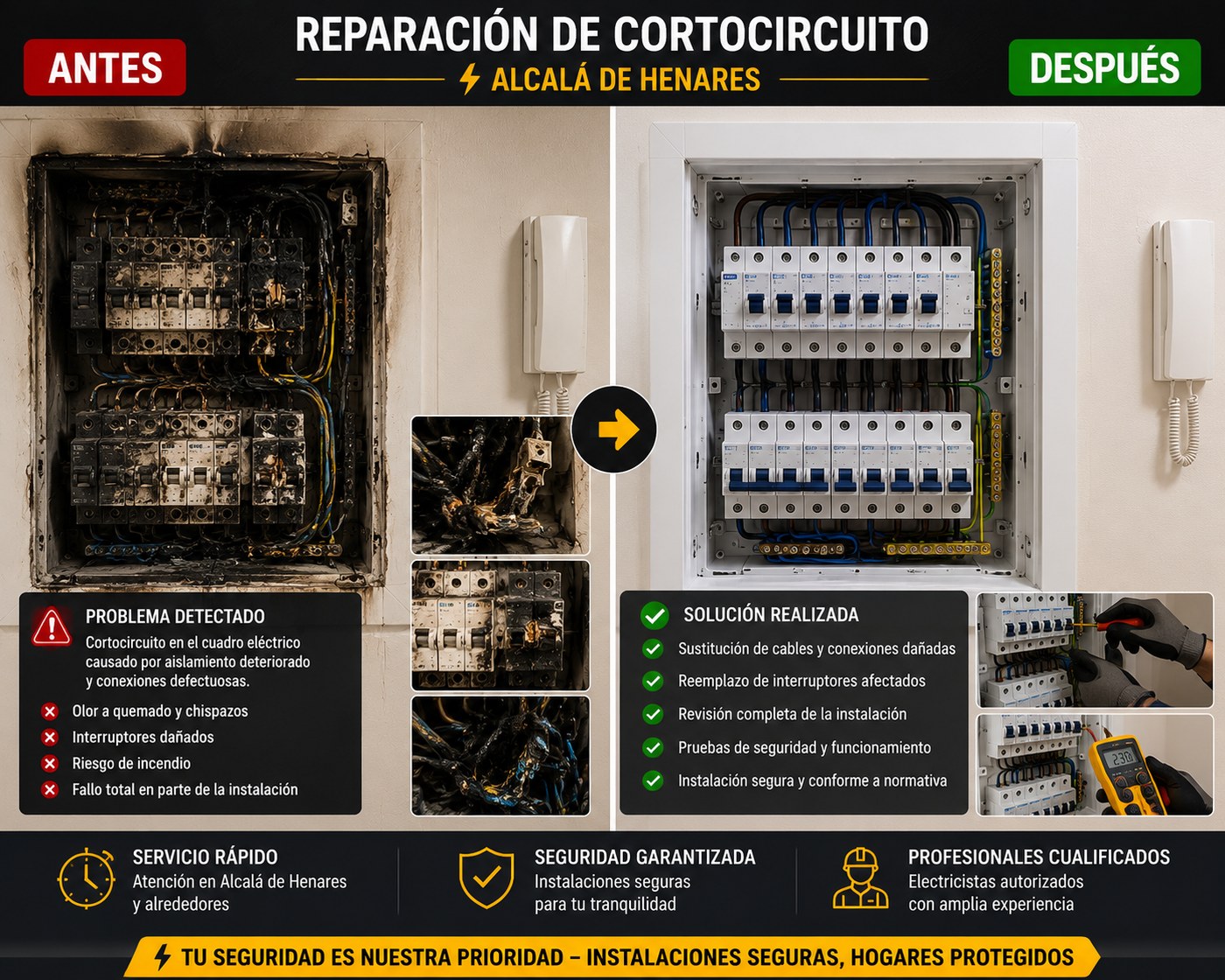 Reparación de cortocircuito en cuadro eléctrico, Alcalá de Henares — antes y después