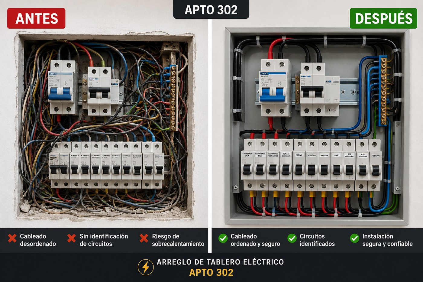 Arreglo de tablero eléctrico, Apto 302 — antes y después